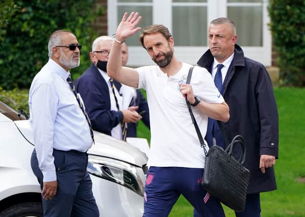 England manager Gareth Southgate leaves the team’s Grove Hotel in Hertfordshire yesterday. Picture: Jonathan Brady/PA