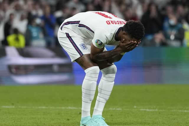 Marcus Rashford of England reacts after missing their team's third penalty in the penalty shoot out during the UEFA Euro 2020 Championship Final between Italy and England at Wembley Stadium (Picture: Frank Augstein - Pool/Getty Images)