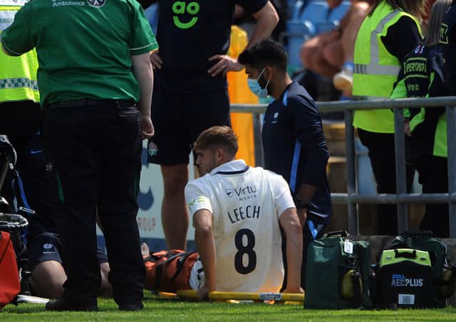 Dom Leech dislocated a joint at the side of his left knee, say Yorkshire, after this fall yesterday.