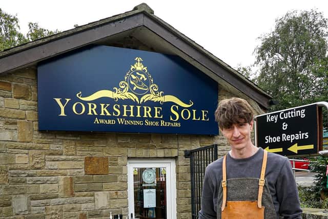 Dean outside his Yorkshire Sole cobblers at Shipley Market Square.