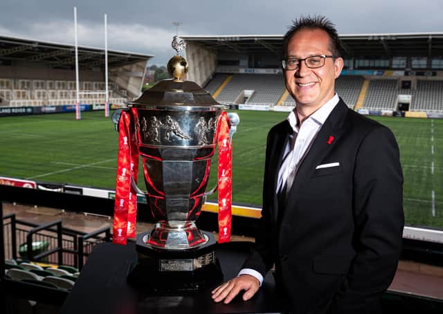 Jon Dutton (Chief Executive RLWC2021) pictured with the Rugby League World Cup trophy. Pictures: Alex Whitehead/SWpix.com