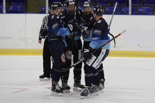 Sheffield Steeldogs' celebrate a godl during the Streaming Series. Picture courtesy of Cerys Molloy.