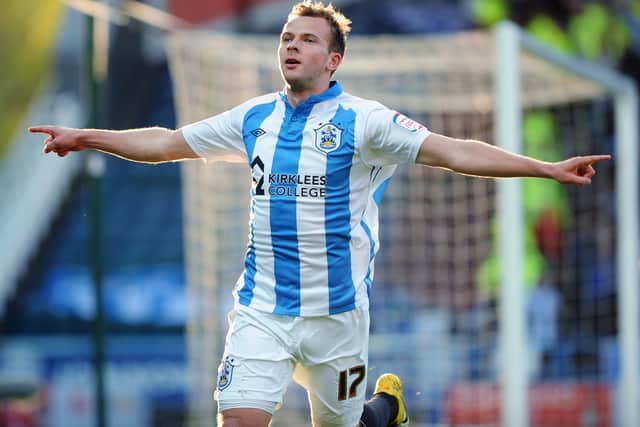 THE GOOD OLD DAYS: Huddersfield Town's Jordan Rhodes celebrates his goal against MK Dons in May 2012. Picture: Jonathan Gawthorpe.