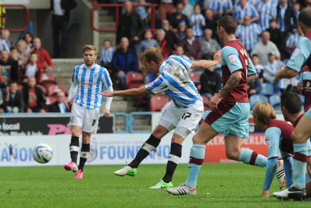 Jordan Rhodes scores for Huddersfield Town against Burnley in August 2021. Picture: Tony Johnson.
