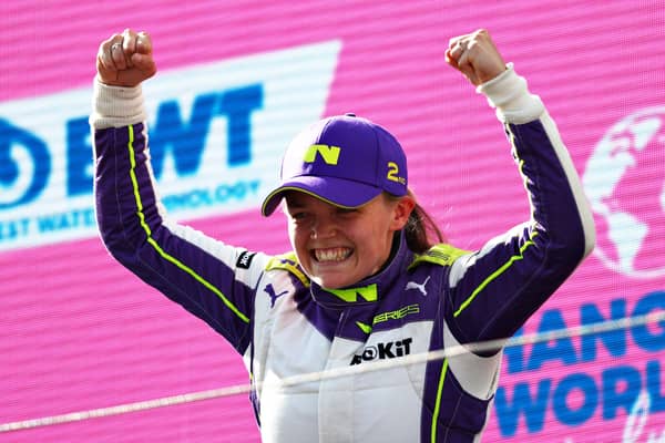 HISTORY MAKER: Sarah Moore became the first openly gay LGBTQ+ driver to stand on a podium during a Grand Prix weekend last month as she targets more success as Silverstone today. Picture: Getty Images.