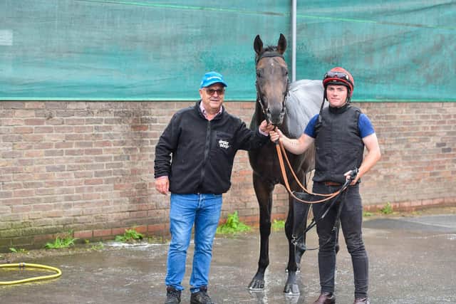 Winning team: Richard Fahey, 2019’s leading trainer at the Go Racing In Yorkshire Summer Festival, sponsored by Sky Bet, with Vintage Clarets and jockey Daryl Byrne. Picture: Hannah Ali