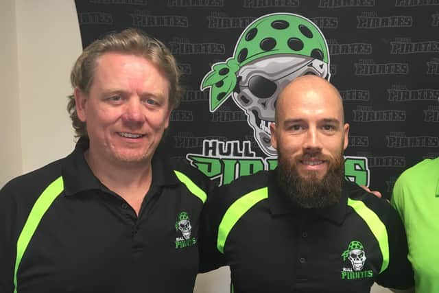THAT WAS THEN: Hull Pirates owner Shane Smith, left, with Jason Hewitt on the day of the former Steelers' forward's signing for the club.