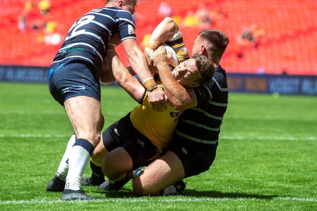 York City Knights' Kriss Brining gets over for his try.  (BRUCE ROLLINSON)