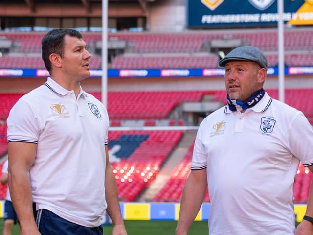 Featherstone Rovers' Brett Ferres, left, and assistant coach Paul March take a look around Wembley today. (ALLAN MCKENZIE/WPIX)