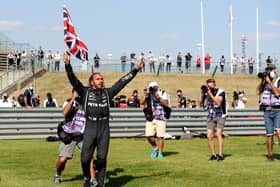 Mercedes' Lewis Hamilton celebrates after winning the British Grand Prix at Silverstone. Picture: Bradley Collyer/PA