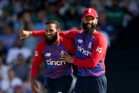 Spin Kings: Yorkshire’s Adil Rashid, left, took 2-30, including a brilliant catch off his own bowling to dismiss Mohammed Riswan, while fellow England spinners Moeen Ali (right) bagged 2-32 and Matt Parkinson, 3-33. Picture: Zac Goodwin/PA Wire.