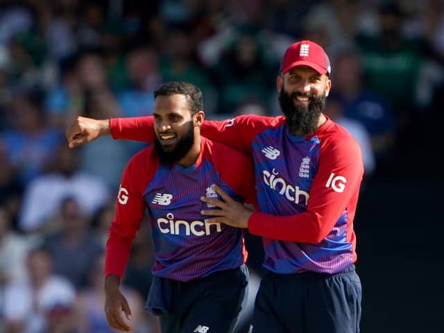 Spin Kings: Yorkshire’s Adil Rashid, left, took 2-30, including a brilliant catch off his own bowling to dismiss Mohammed Riswan, while fellow England spinners Moeen Ali (right) bagged 2-32 and Matt Parkinson, 3-33. Picture: Zac Goodwin/PA Wire.