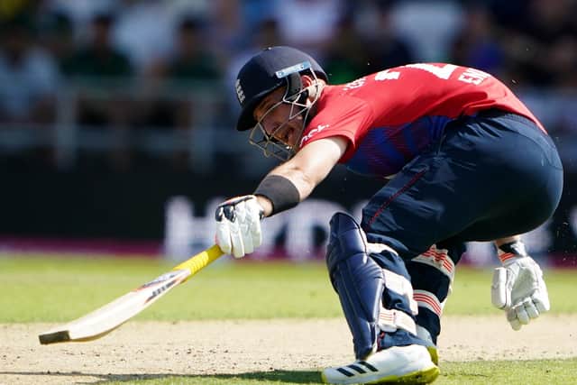 Monster hit: England's Liam Livingstone hit one six over the new Emerald Stand at Headingley. Picture: Zac Goodwin/PA Wire.