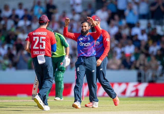 England's Adil Rashid celebrates taking a catch from his own bowling to dismiss Pakistan's Mohammad Rizwan. Picture by Allan McKenzie/SWpix.com