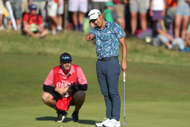CLOSING IN: Collin Morikawa lines up a putt on the 16th green during day four of The Open at Royal St George's. Picture: David Davies/PA