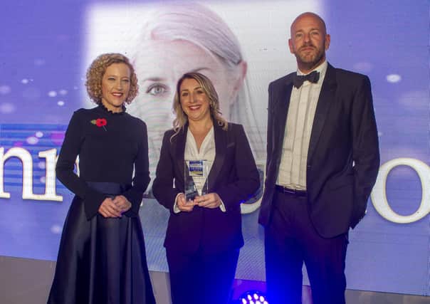 Cathy Newman, Channel 4 News journalist hosted The Yorkshire Post Excellence in Business Awards 2019. 
Anna Sutton winner of the Enterpreneur award presented by sponsor John Garner, head of Yorkshire the North East at LDC. Picture: Tony Johnson