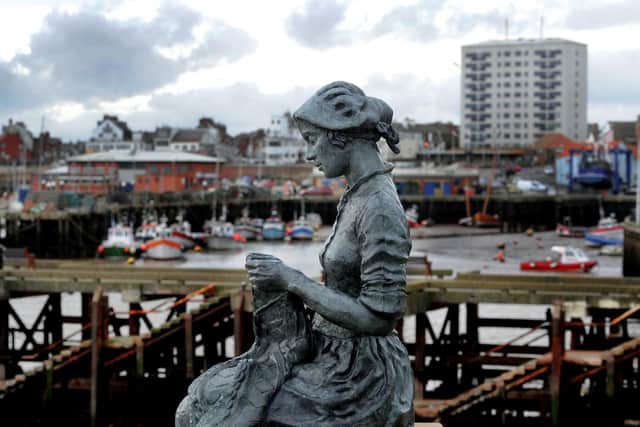 The Gansey Girl sculpture designed by artist Steve Carvill in Bridlinton harbour. (James Hardisty).