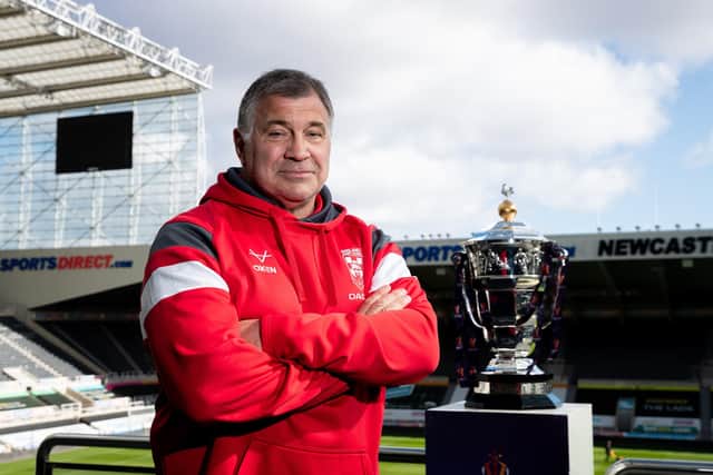 BRING IT ON: England RL head coach Shaun Wane pictured with the World Cup trophy. Picture by Alex Whitehead/SWpix.com