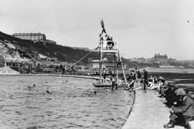 The diving board at the bathing pool at the South Cliff, Scarborough.