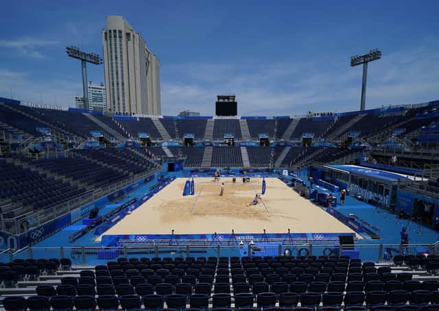 Empty seats at the Beach Volleyball venue as USA men practice ahead of the Tokyo 2020 Olympic Games in Japan. Picture: Mike Egerton/PA