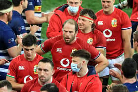 Alun Wyn Jones (C) of the British & Irish Lions walks off the pitch after their victory during the match between the DHL Stormers and the British & Irish Lions at Cape Town Stadium on July 17, 2021 in Cape Town, South Africa. (Photo by David Rogers/Getty Images)