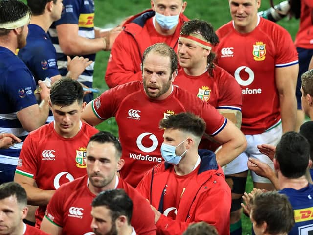 Alun Wyn Jones (C) of the British & Irish Lions walks off the pitch after their victory during the match between the DHL Stormers and the British & Irish Lions at Cape Town Stadium on July 17, 2021 in Cape Town, South Africa. (Photo by David Rogers/Getty Images)