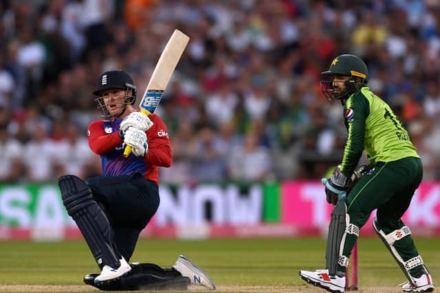 Big hit: Jason Roy's 64 off 36 balls was crucial for England.  (Photo by Gareth Copley/Getty Images)