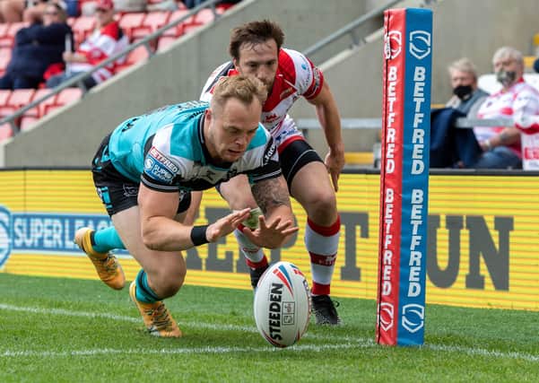 Hull FC's form winger Adam Swift touching down in the Betfred Super League contest at Leigh Centurions earlier this month. Picture: Bruce Rollinson/JPIMedia.