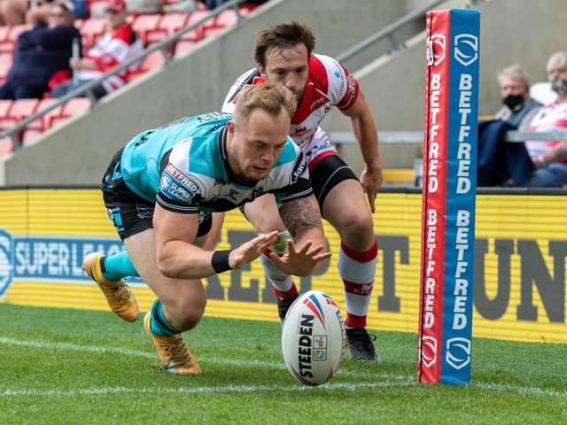 Hull FC's form winger Adam Swift touching down in the Betfred Super League contest at Leigh Centurions earlier this month. Picture: Bruce Rollinson/JPIMedia.