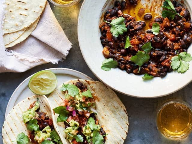 Black bean tacos from Linda McCartney’s Family Kitchen: Over 90 plant-based recipes to save the planet and nourish the soul by Linda, Paul, Mary and Stella McCartney Picture: Stella, Paul and Mary McCartney © Mary McCartney/Seven Dials/PA.
