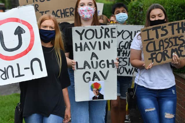 Pictured students march to the constituency office of their local MP Gavin Williamson, who is also the Education Secretary, as a protest over the issues of last year's A level results 'fiasco'. Photo credit: Jacob King/PA