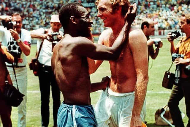 Bobby Moore and Pele exchange shirts after the England v Brazil match at the 1970 World Cup. (Varley Picture Agency).