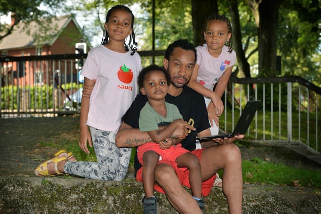 Pictured father-of-three Robert Robinson and his young family - daughters Rane (8), River (5) and son Storm (3). The family were greatly aided by David Richardson's digital scheme launched in South Yorkshire which has supplied 14,000 free laptops and 5,000 across the North of England/ Photo credit: JPIMedia/ Jonathan Gawthorpe