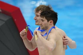 Jack Laugher, left, and Daniel Goodfellow will be hoping to repeat the success they had at the Tokyo Aquatics Centre earlier this year. Picture: Toru Hanai/Getty Images