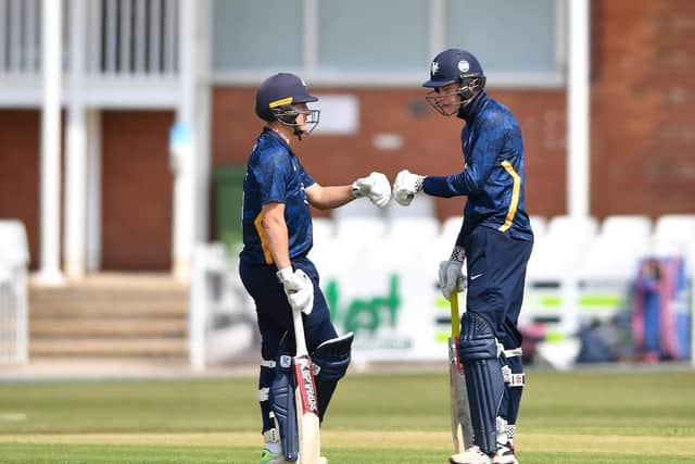 PARTNERS: Matt Revis and Gary Ballance, left, encourage each other in Yorkshire's Royal London Cup clash with Surrey at Scarborough on Thursday. Picture by Will Palmer/SWpix.com