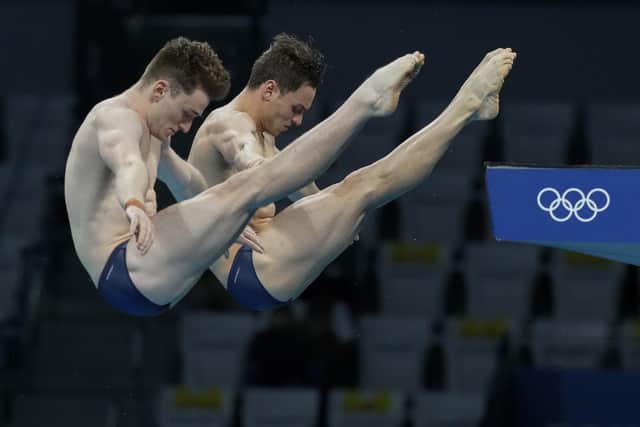 Golden duo: Tom Daley and Matty Lee of Britain compete during the men's synchronized 10m platform diving final.