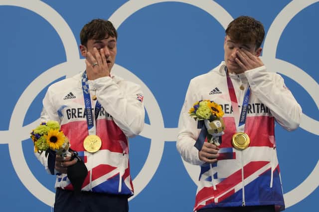 Tears of joy as Matty Lee and Tom Daley celebrated their synchronised diving gold medal.