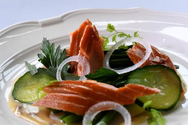 Salmon, French beans and pickled cucumber. (Simon Hulme).