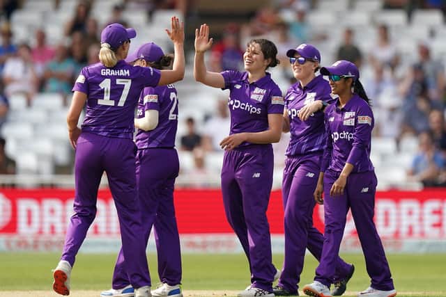 Northern Superchargers' Alice Davidson-Richards (centre) celebrates with team-mates after taking the wicket of Trent Rockets' Sammy-Jo Johnson. Picture: Tim Goode/PA Wire.