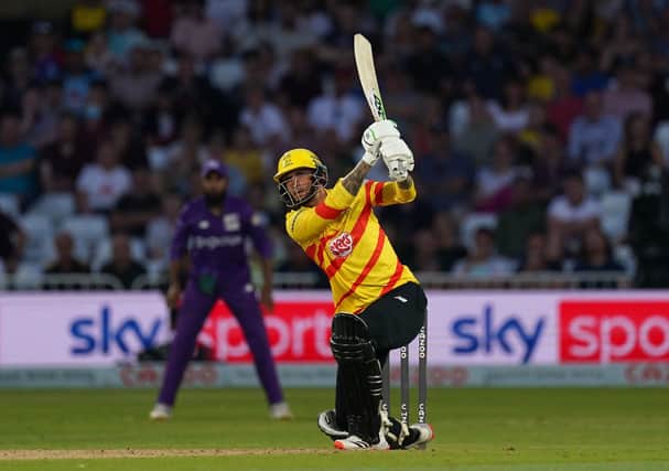 Smashing: Trent Rockets' Alex Hales hits a six as his side close in on victory over Northern Superchargers. Picture: Tim Goode/PA Wire.