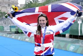 Great Britain's Georgia Taylor-Brown celebrates with her silver medal after the Women's Triathlon at the Odaiba Marine Park (Picture: PA)