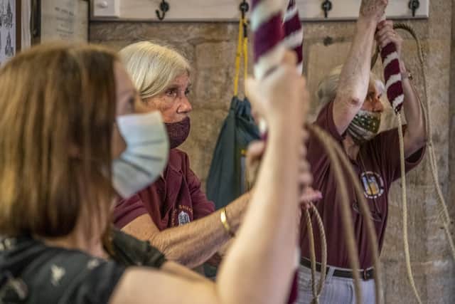 Ripon Cathedral bellringers back together in the bell tower for the first practice session since the pandemic intervened.  Picture: Tony Johnson.