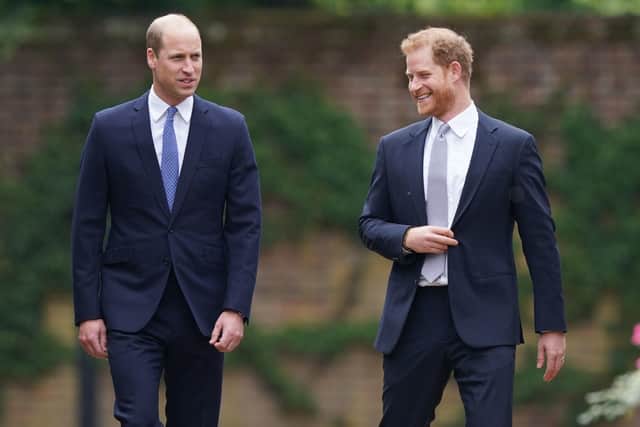Prince William, Duke of Cambridge (left) and Prince Harry, Duke of Sussex arrive for the unveiling of a statue they commissioned of their mother Diana, Princess of Wales, in the Sunken Garden at Kensington Palace, on what would have been her 60th birthday on July 1, 2021.