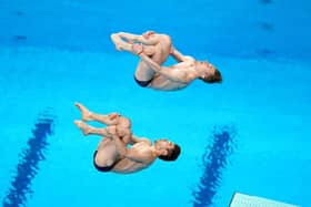 Daniel Goodfellow and Jack Laugher, top, pictured during the Men's Synchronised 3m Springboard Final at the Tokyo Aquatics Centre, where they finished seventh. Picture: Mike Egerton/PA