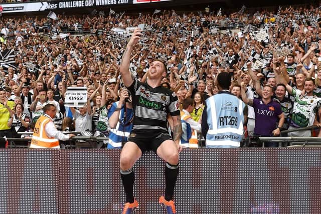SWEET MEMORIES: Marc Sneyd of Hull FC takes a selfie with the Hull FC crowd after winning the Challenge Cup fora second time in 2017. Picture by Richard Blaxall/SWpix.com