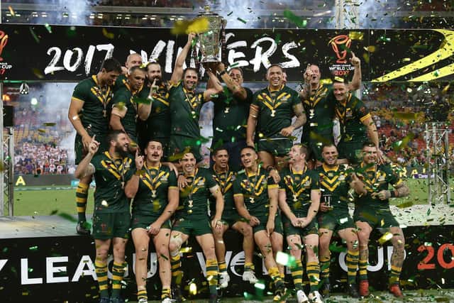 Australia celebrate after winning the Rugby League World Cup final between Australia and England, Suncorp Stadium, Brisbane, Australia, 2 December 2017. But as it stands they won't be defending it (Picture: SWpix.com/PhotosportNZ)