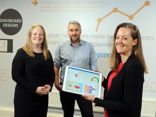 Library image of (from left) Charlotte Bailey, operations director, Ken Miller product director  and Zandra Moore CEO at Panintelligence in Yeadon.  Picture Tony Johnson.