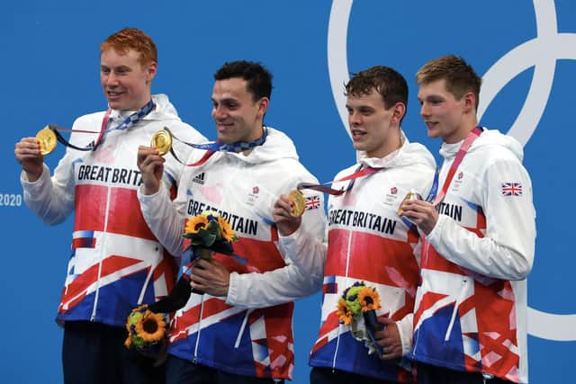 GOLDEN BOYS: Team GB swimmers finished first in the men's 4x200m freestyle relay. Picture: Getty Images.