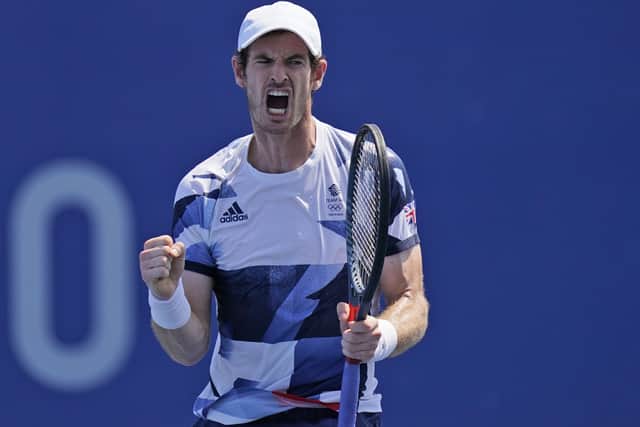 Andy Murray, of Britain, reacts after winning the first set during his doubles match in the quarterfinals of the tennis competition at the 2020 Summer Olympics, Wednesday, July 28, 2021, in Tokyo, Japan. (AP/Seth Wenig