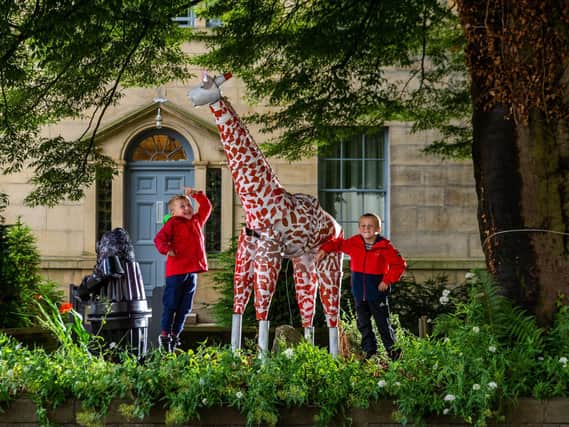 The Settle Flowerpot Festival has returned for the eighth year with exhibits postitioned all around the rural village. Pictured Final Wilson, aged 5, with his brother Lucas, aged 7, of Bradford, looking at the large Giraffe and Gorilla. Photo credit: James Hardisty/JPIMedia
